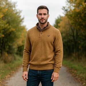 Ralph Lauren‎ Chaps Sweater Men L Carmel Brown Tweed Knit Button Pullover Preppy